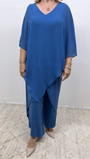 Belinda Chiffon Angled Top With Soft Knit Lining -Denim