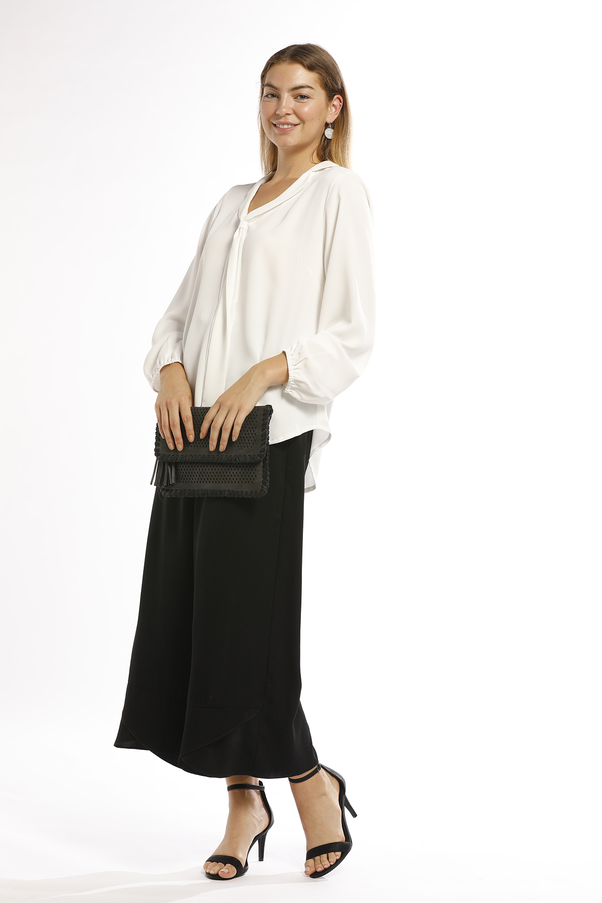 Woven Tie Neck Collared Shirt with Elasticated Cuff -White