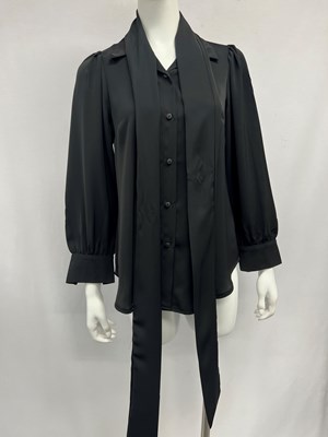 Zoe Silk Woven Button Up Shirt w/Detachable Tie BLACK WORN WITH TIE WORN AROUND NECK