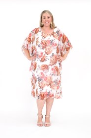 Printed Chiffon Overlay Dress with soft knit lining RUST FLORAL PRINT