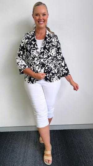 Button Sateen Jacket BLACK WHITE PRINT WORN WITH WHITE