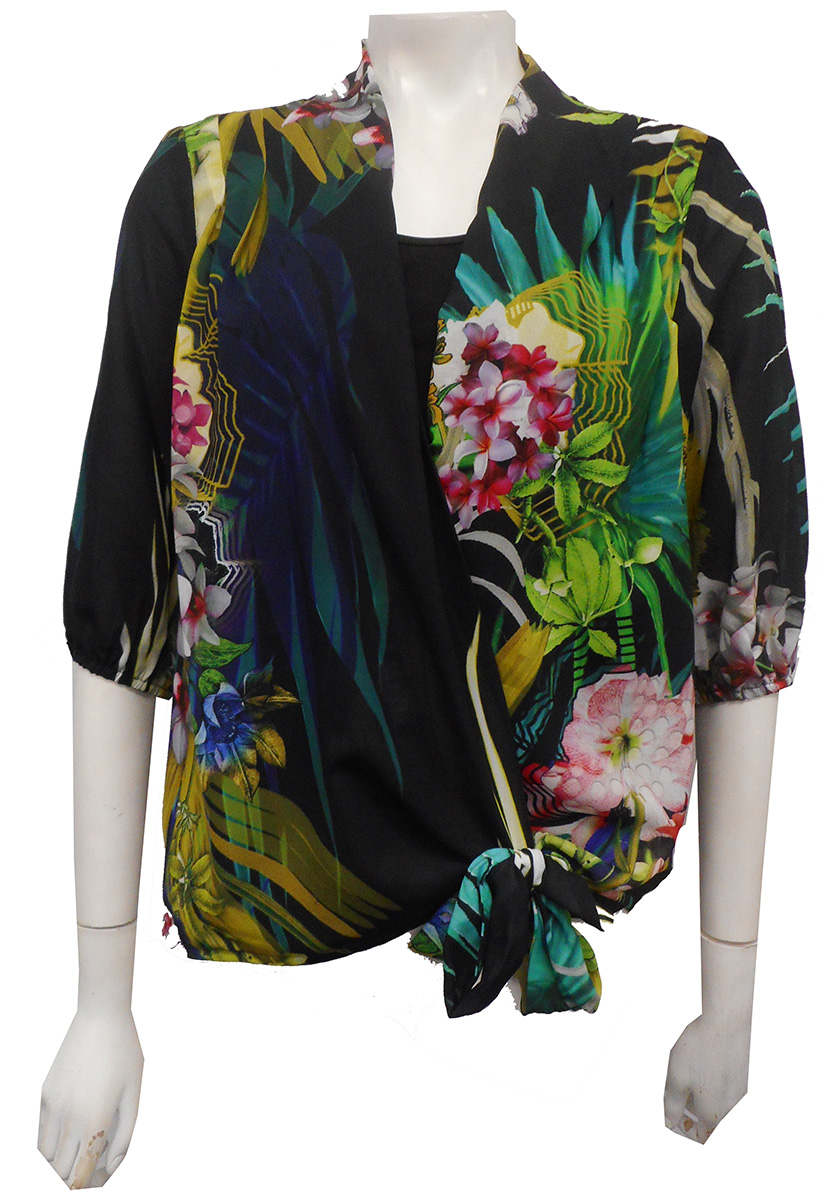 Print Chiffon Blouse with Tie and Soft Knit underneath